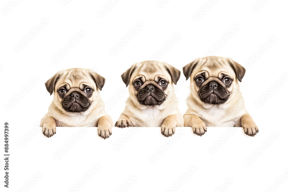Obraz premium Three Pugs Peeking Over a White Surface