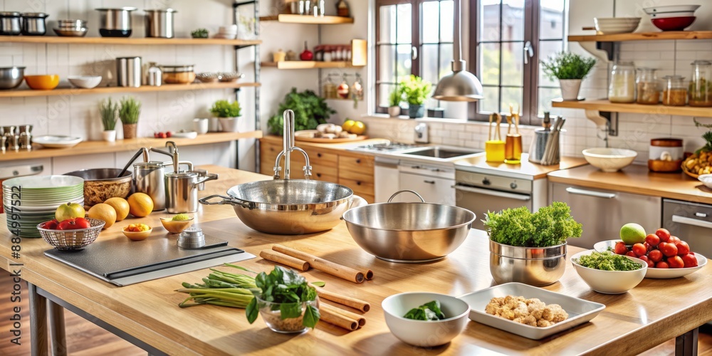 A clean and organized kitchen setup with utensils and ingredients laid out on countertops, awaiting the preparation of a culinary dish, with mixing bowls and tools ready. A clean and organized kitchen setup with utensils and ingredients laid out on countertops, awaiting the preparation of a culinary dish, with mixing bowls and tools ready.