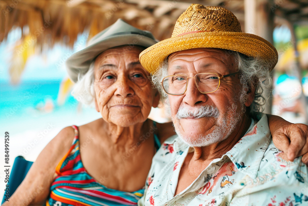 Seniors Relaxing at the Beach. Disabled older man and woman enjoying summer