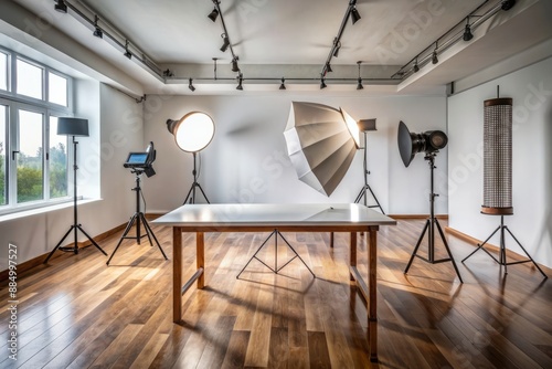 Modern professional photography studio setting with white background, strobe lights, and camera equipment on a sleek wooden table amidst a minimalist aesthetic. photo