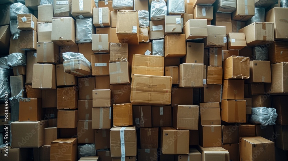 large pile of moving boxes, white background, looked upon from slightly upward angle large pile of moving boxes, white background, looked upon from slightly upward angle