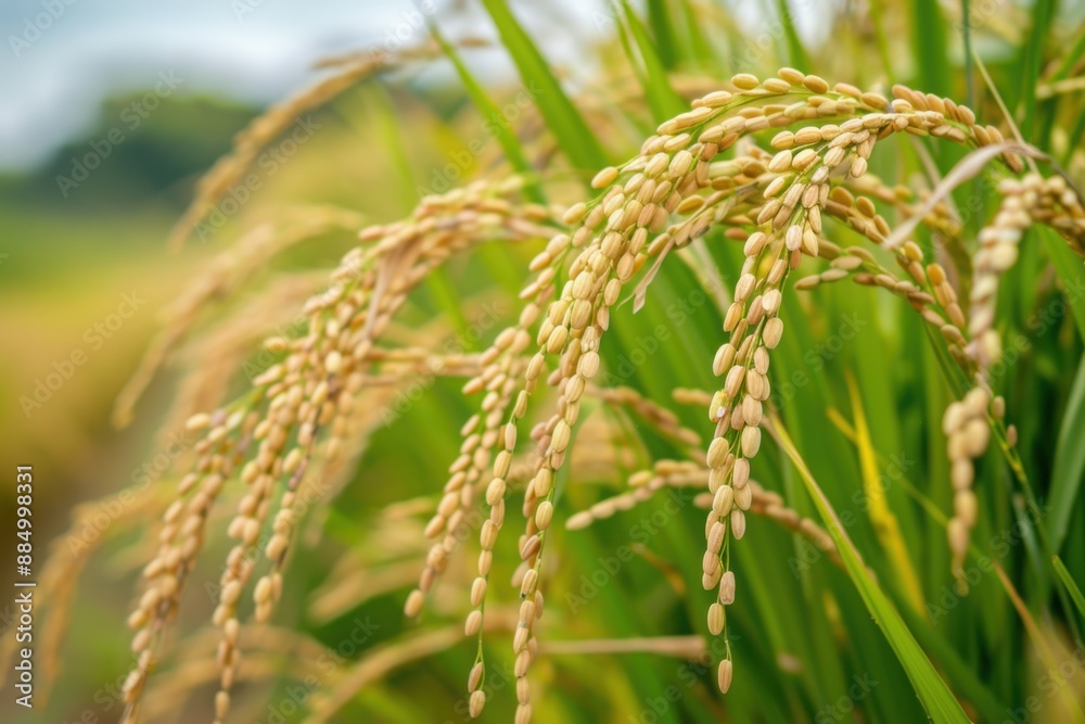 Green rice field with mature paddy ready for harvest Green rice field with mature paddy ready for harvest
