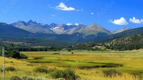 The majestic Rocky Mountains in Colorado, with alpine meadows and clear blue skies