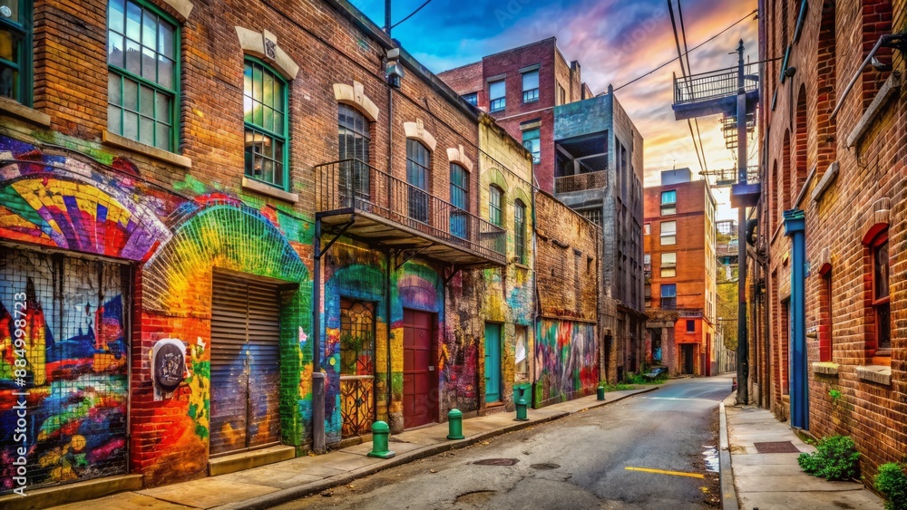 Fototapeta premium Vibrant urban streetscape with graffiti-covered buildings, colorful paint signs, and eclectic street art adorning worn brick walls and rusty metal gates.