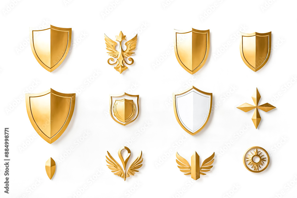 Golden Shield and Emblem Set on White Background Golden Shield and Emblem Set on White Background