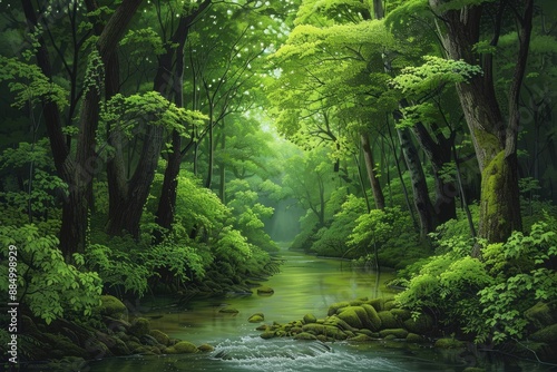 waterfall in the middle of a tropical forest with mossy rocks. natural natural scenery