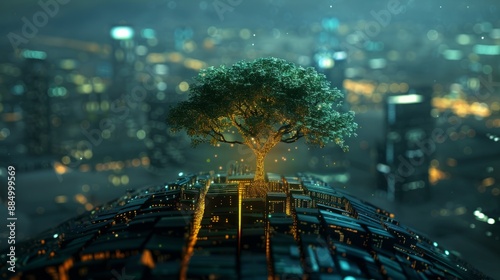 Stunning illustration of a glowing tree growing through modern cities, symbolizing the fusion of nature and digital technology in a studio setting. Vibrant, futuristic representation of urban landscap photo