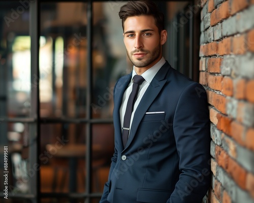 Professional Man in Modern Business Attire Standing by Brick Wall in Office Setting