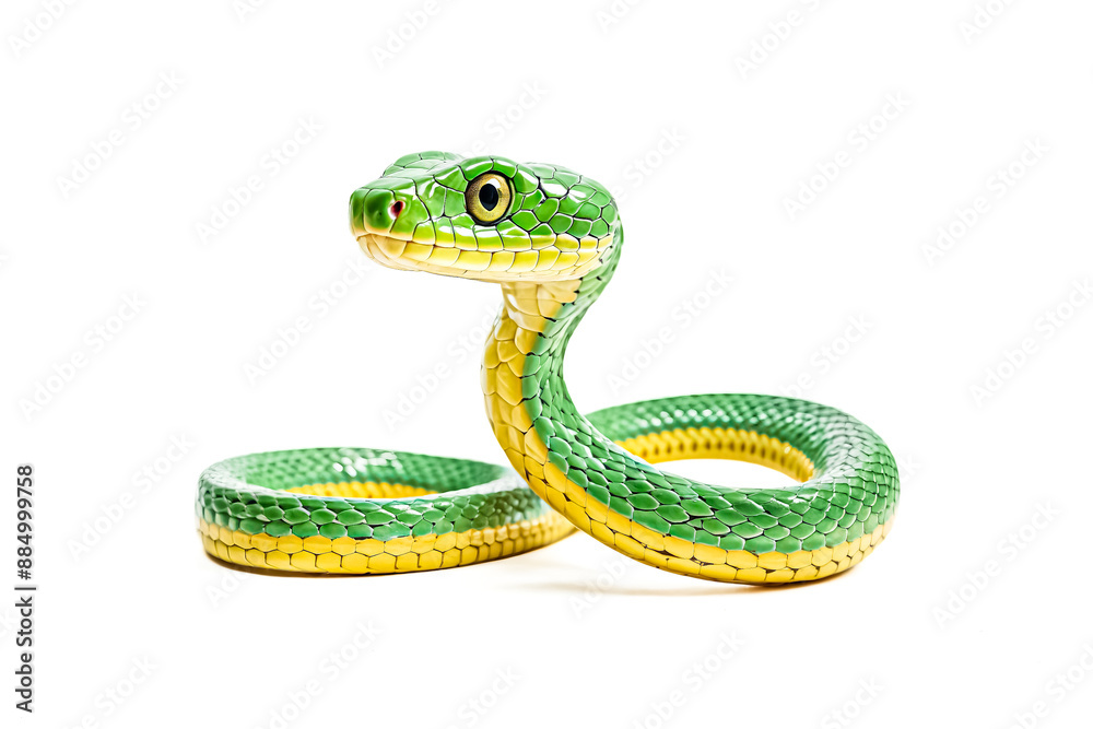 Fototapeta premium Green Snake with Yellow Stripe on White Background