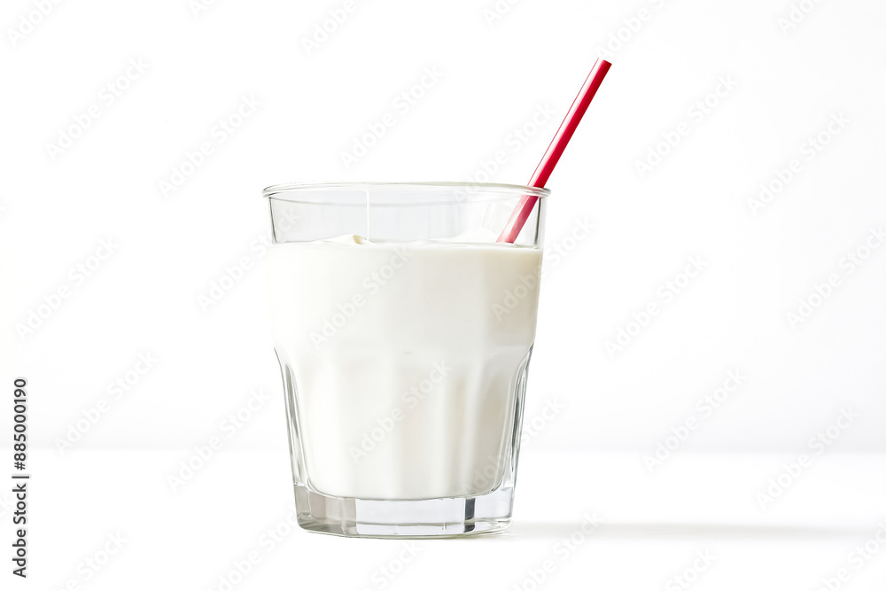 Glass of Milk with Red Straw on White Background Glass of Milk with Red Straw on White Background