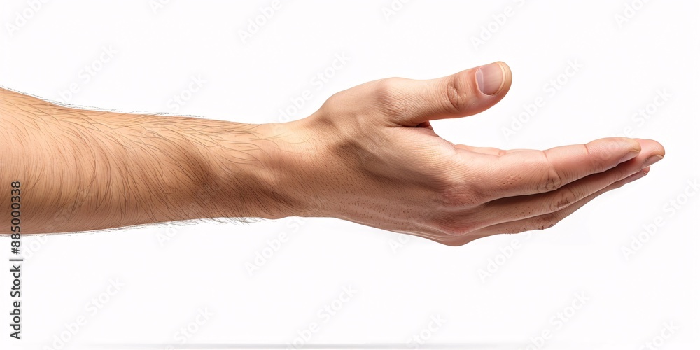 A Caucasian hand displaying an unseen rectangular object to the camera, ideal for representing interaction and communication.