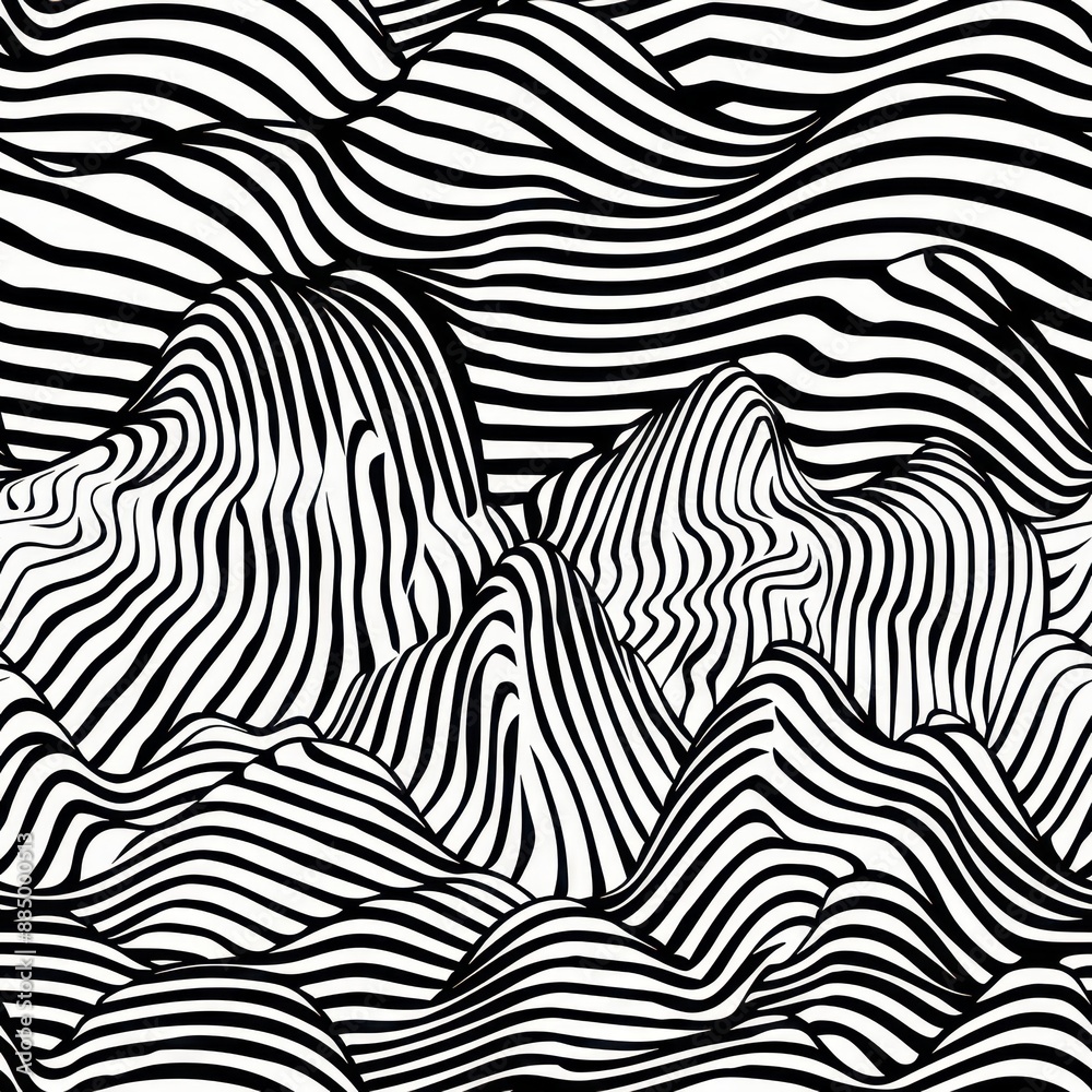 seamless pattern, Abstract black and white wavy lines creating an optical illusion effect, resembling a mountain landscape. Minimalist artistic design. seamless pattern, Abstract black and white wavy lines creating an optical illusion effect, resembling a mountain landscape. Minimalist artistic design.
