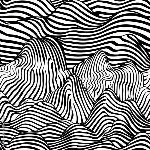 Wallpaper Mural seamless pattern, Abstract black and white wavy lines creating an optical illusion effect, resembling a mountain landscape. Minimalist artistic design. Torontodigital.ca