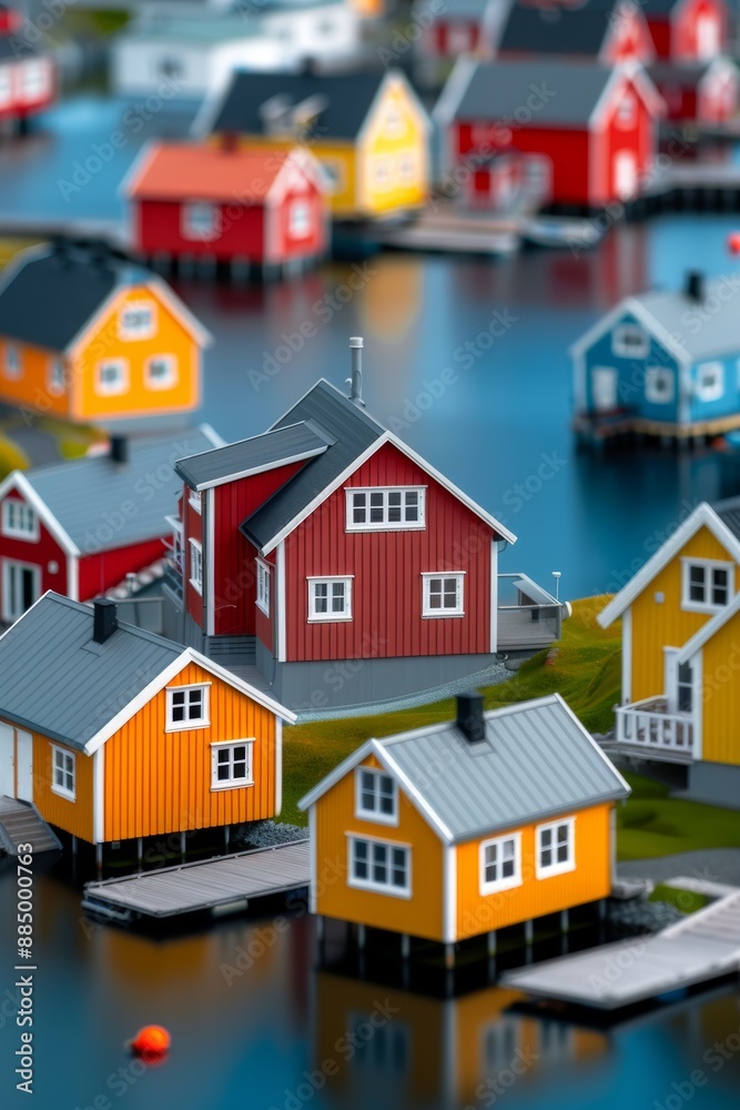 A vibrant miniature village with colorful houses clustered along a calm waterfront. A vibrant miniature village with colorful houses clustered along a calm waterfront.
