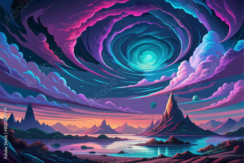 A colorful painting of a lake with mountains and a swirl in the sky