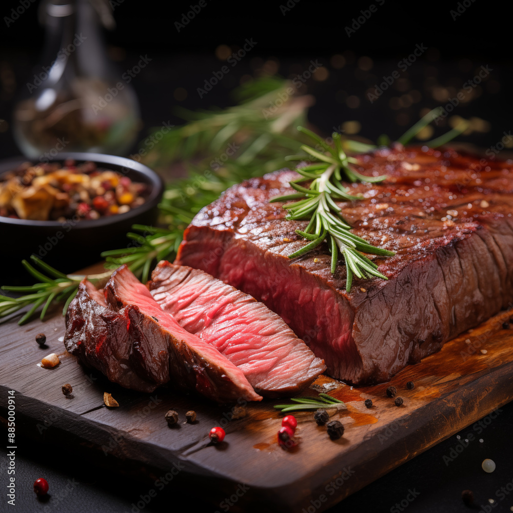 Piece of rump steak on cutting board dark background. Cured spiced and smoked Pastrami. Photo for restaurant menu, advertising, delivery, banner Piece of rump steak on cutting board dark background. Cured spiced and smoked Pastrami. Photo for restaurant menu, advertising, delivery, banner