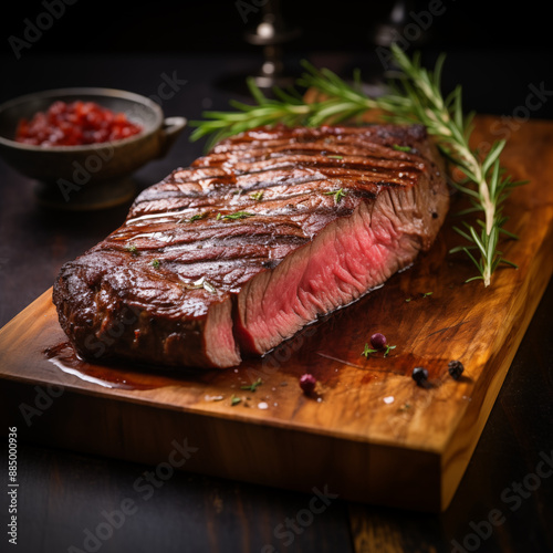 Piece of rump steak on cutting board dark  background. Cured spiced and smoked Pastrami. Photo for restaurant menu, advertising, delivery, banner