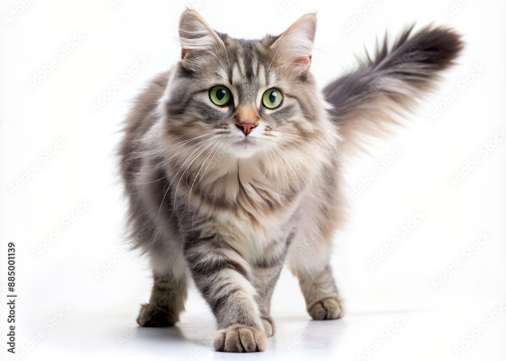Adorable feline with soft gray fur and bright green eyes walks confidently on a pristine white background, showcasing its independence and agility. Adorable feline with soft gray fur and bright green eyes walks confidently on a pristine white background, showcasing its independence and agility.