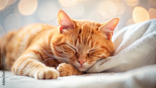 Adorable orange tabby cat sleeps peacefully on a pristine white bed, paws curled up tight, amidst a subtle, dreamy blurred background atmosphere.