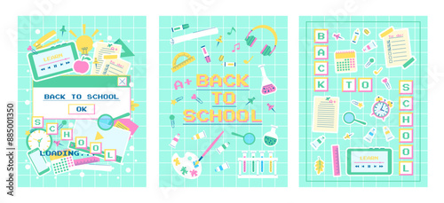 Set of back to school posters with school supplies in the y2k style. Vector template for banner, post, postcard