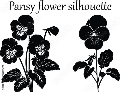 Pansy flower silhouette, pansy flower clipart, a Vector illustration of a Beautiful flower with a bouquet of pansies and leaves. Silhouettes of wild pansy flowers on delicate stems with leaves in a me