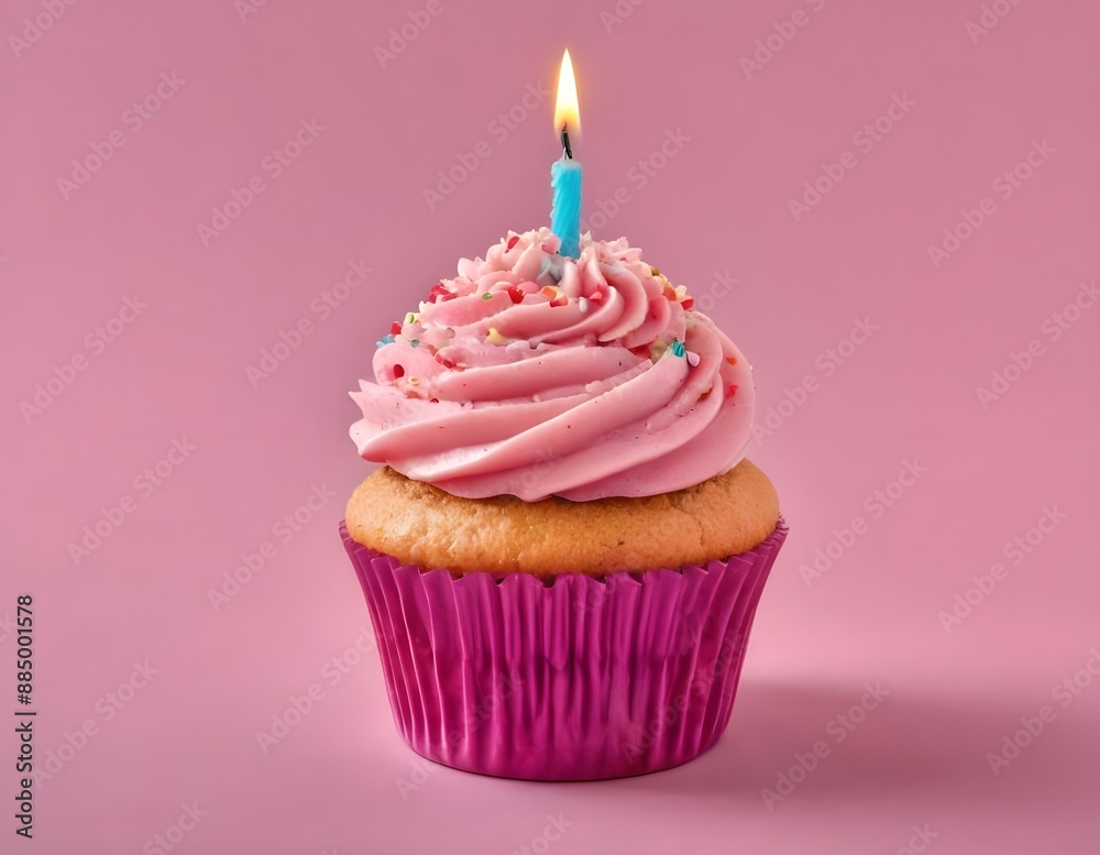 Single Pink Cupcake With a Burning Candle on Pink Background Single Pink Cupcake With a Burning Candle on Pink Background
