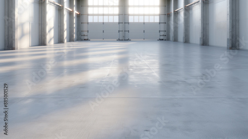 A spacious, empty industrial warehouse with large windows, high ceilings, and polished concrete floors, bathed in natural light.
