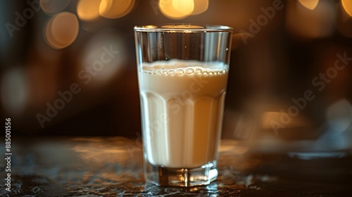 A glass of milk against a dark backdrop.