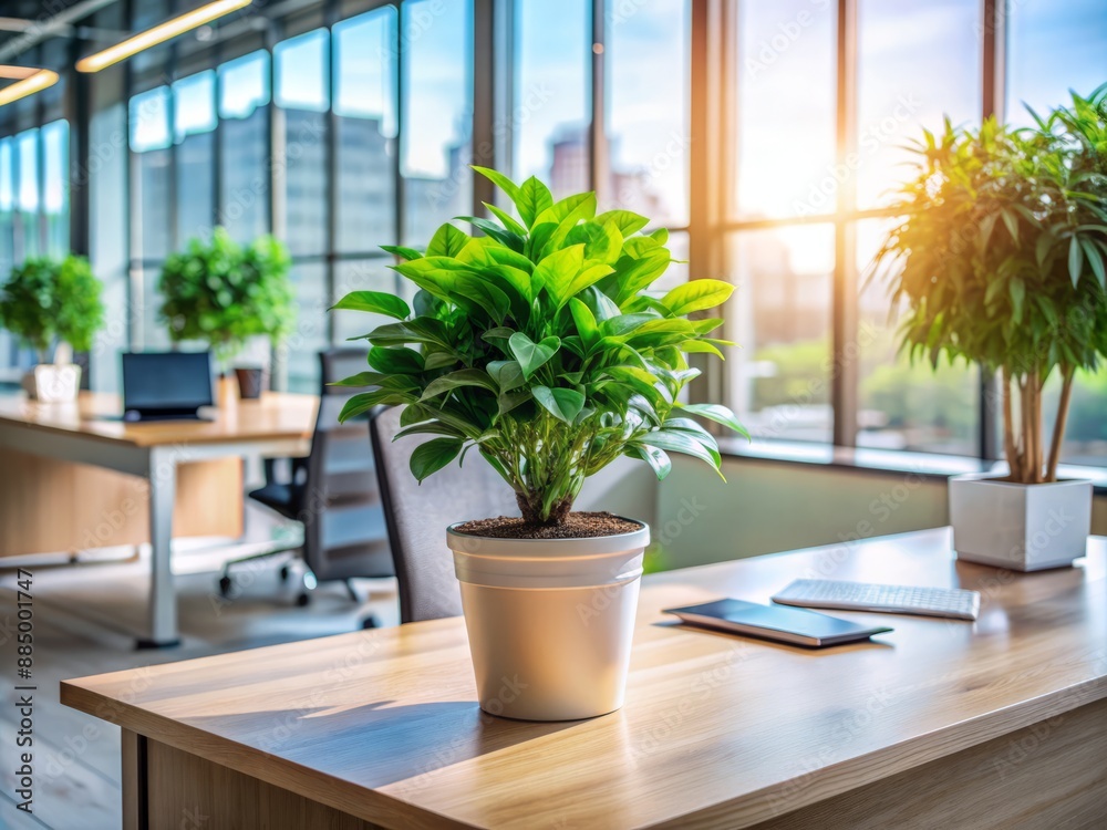A lush, emerald green potted plant sits on a sleek, minimalist desk, infusing a modern office space with natural beauty and freshness. A lush, emerald green potted plant sits on a sleek, minimalist desk, infusing a modern office space with natural beauty and freshness.