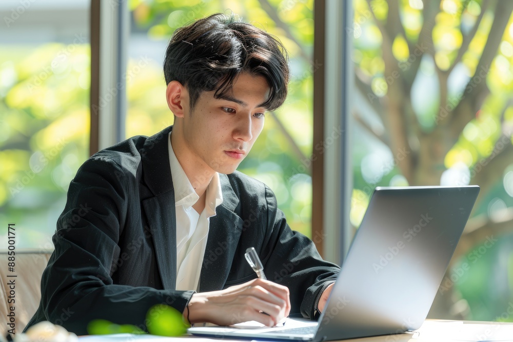 Young Asian business man working at office with laptop, tablet and taking notes on the paper. Young Asian business man working at office with laptop, tablet and taking notes on the paper.