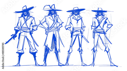 Rough sketch of four musketeers in blue ink, showcasing different poses and outfits with a minimalist style.
