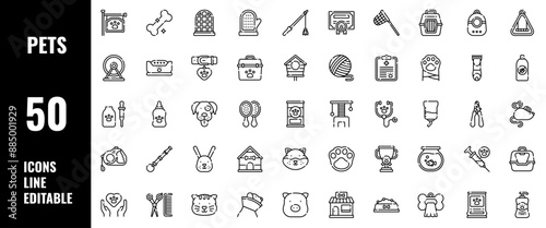 50 Pet Icons Set Line Editable Vector Illustration