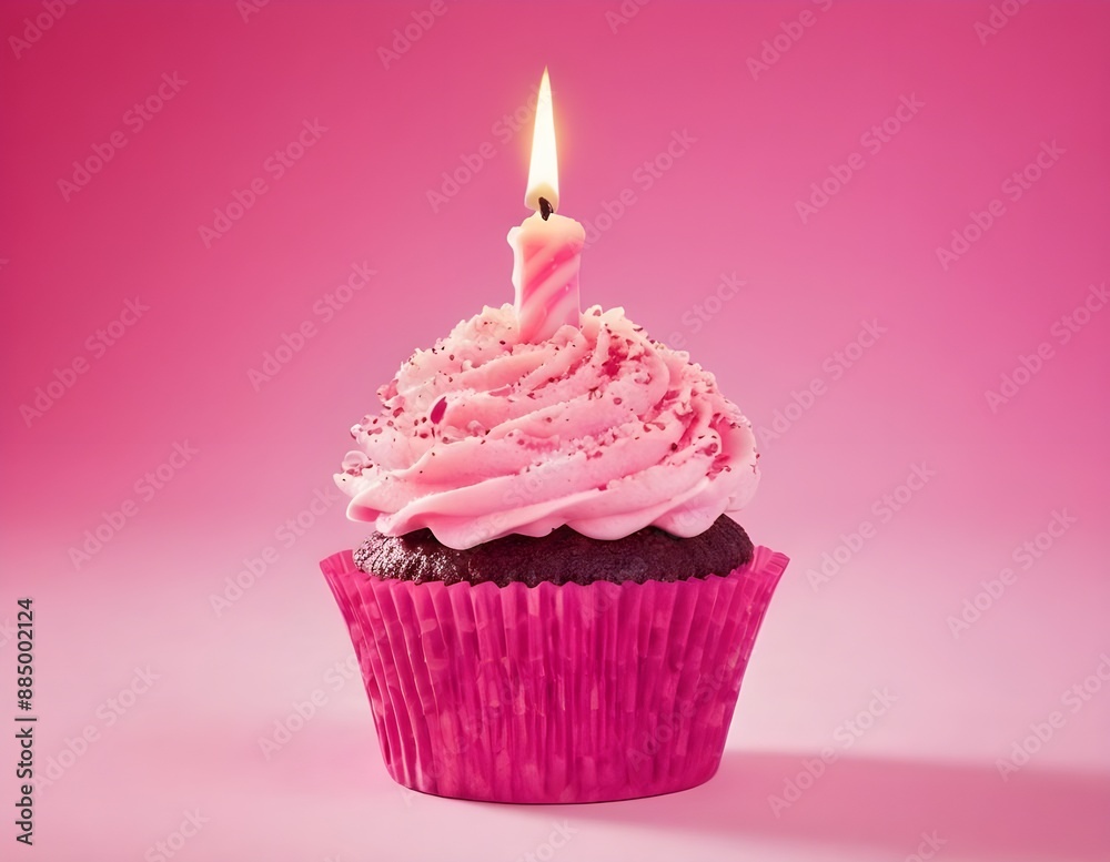 Single Pink Cupcake With a Burning Candle on Pink Background Single Pink Cupcake With a Burning Candle on Pink Background