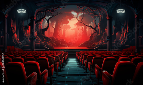 Cinema hall with red armchairs and white screen on transparent background, vector illustration. movie theater interior photo
