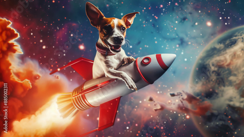Fototapeta Naklejka Na Ścianę i Meble -  funny dog sitting on rocket flying, 
