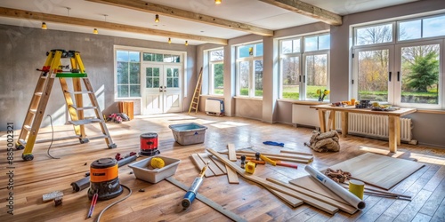 Rear view of empty renovated room with tools and materials scattered around, hinting at a DIY home renovation project in progress. photo