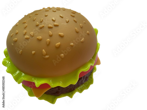 hamburger isolated on white background, Plastic hamburger contain of vegetables, meat, tomatoes and buns, on white background, isolation, burger toys photo