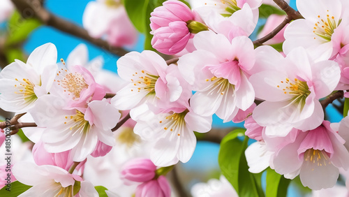 White cherry blossoms in full bloom, several pink buds. 