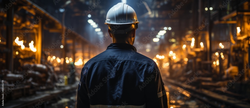 Obraz premium Industrial worker in front of oil refinery plant at night time.