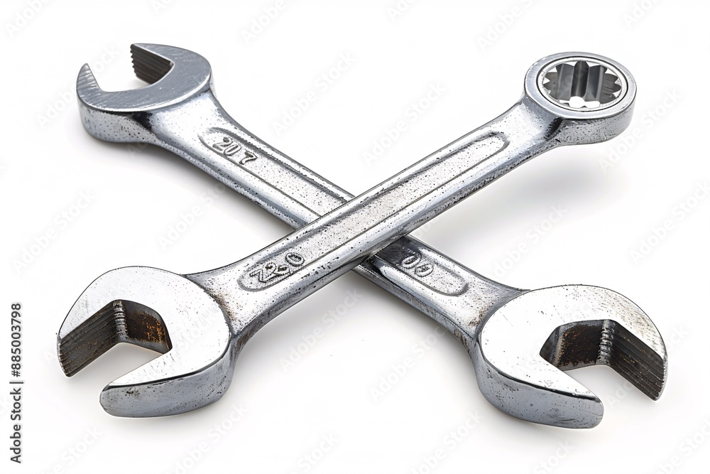 A pair of crossed ratchet spanners on a white background, ideal for automotive repair work.