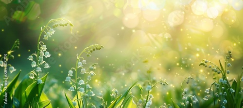 lily of the valley, white flowers in a green grass meadow, spring nature background 