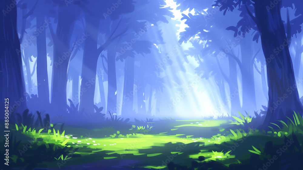 Fototapeta premium Sunbeams filter through the dense canopy of a serene forest, illuminating the lush greenery on the forest floor. 
