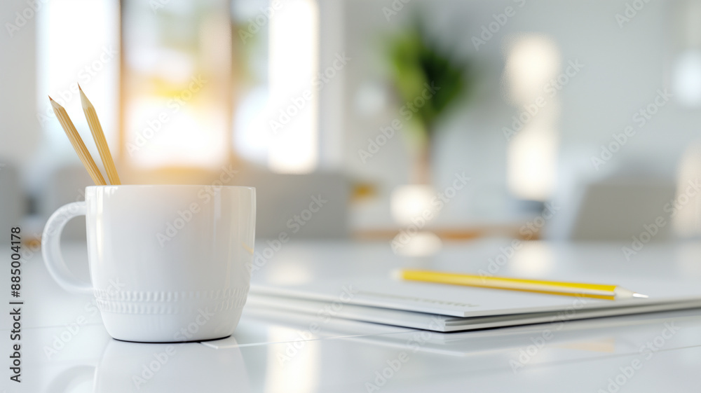 A minimalistic office desk setup with a white mug holding pencils and a notebook, bathed in soft sunlight.
A minimalistic office desk setup with a white mug holding pencils and a notebook, bathed in soft sunlight.