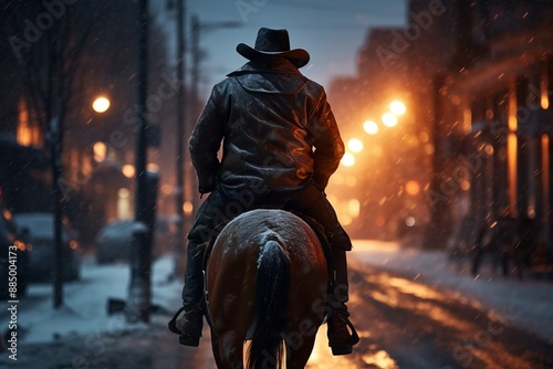 Man riding a horse on the street at night in the snowfall