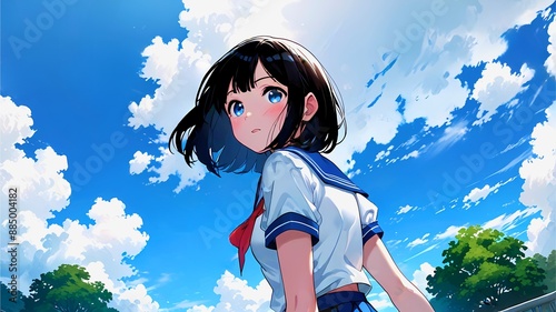振り向くセーラー服の女子高生と夏空のアニメイラスト