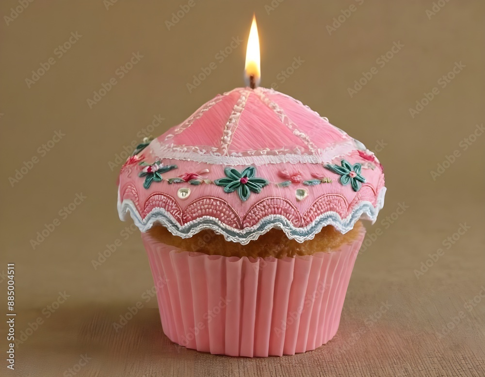 Single Pink Cupcake With a Burning Candle on Pink Background Single Pink Cupcake With a Burning Candle on Pink Background