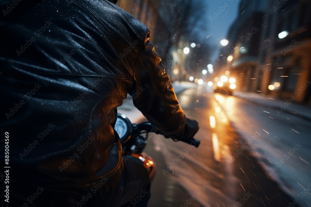 Biker riding a motorcycle on the street at night in winter. Biker riding a motorcycle on the street at night in winter.