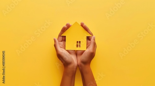 Hands holding a yellow paper house against a yellow background. Real estate, home ownership, housing market, mortgage concept. photo