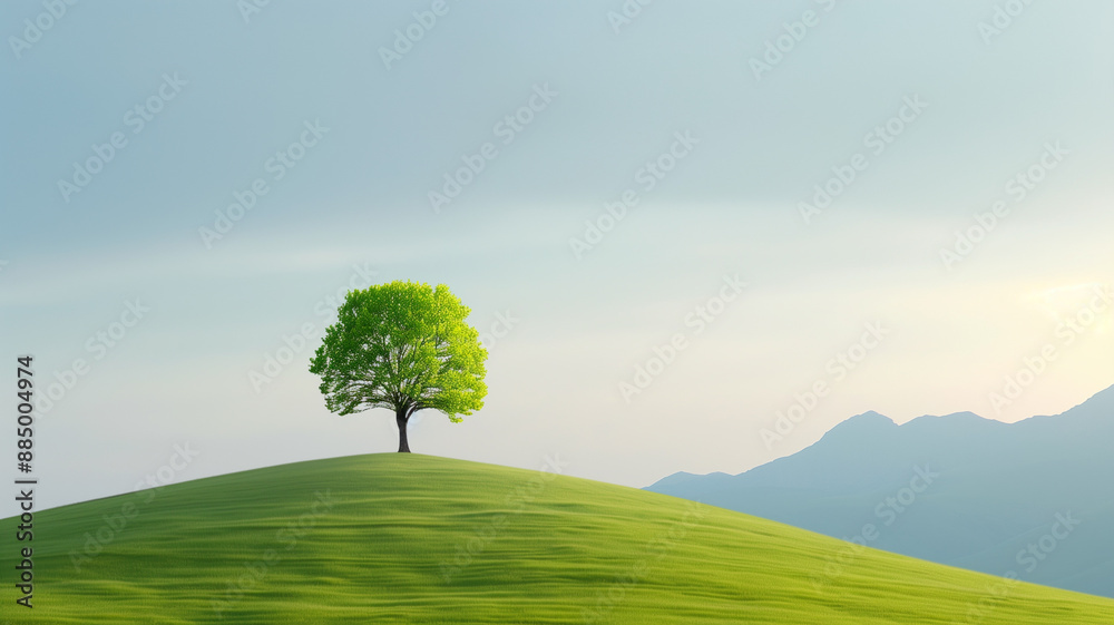 A single tree stands on a gently sloping green hill with mountains in the background under a clear sky.
A single tree stands on a gently sloping green hill with mountains in the background under a clear sky.