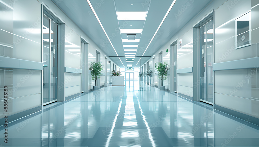 Empty clean hospital hallway with glass doors Empty clean hospital hallway with glass doors